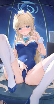 1girl 3: absurdres animal_ears aqua_bow aqua_bowtie backlighting bare_shoulders between_legs blonde_hair blue_archive blue_bow blue_eyes blue_halo blue_leotard blurry blush bow bowtie braid breasts breasts_apart closed_mouth commentary covered_navel curvy depth_of_field detached_collar eyelashes fake_animal_ears full_body hair_bow hair_intakes half_up_braid halo haluka_o0 hand_between_legs hand_up high_heels highleg highleg_leotard highres indoors leotard long_hair looking_at_viewer medium_breasts night nose_blush playboy_bunny presenting rabbit_ears reflection shy sidelocks skindentation solo spread_legs spread_pussy spread_pussy_under_clothes spreading_own_pussy straight_hair strapless strapless_leotard sweatdrop thighhighs thighs toki_(blue_archive) toki_(bunny)_(blue_archive) very_long_hair w white_thighhighs white_wrist_cuffs window wrist_cuffs