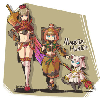 Rule 34 | 3girls, artist name, blue eyes, blush, blush stickers, bottomless, breasts, character request, copyright name, crown, felyne, female focus, happy, huge weapon, kecha wacha (armor), looking at viewer, midriff, monster hunter (series), monster hunter 4, multiple girls, panties, scepter, smile, striped clothes, striped panties, suparu, tail, underboob, underwear, walking, weapon