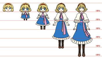 1girl alice_margatroid blonde_hair blue_dress blue_eyes boots brown_shoes capelet chart chibi comparison dress frills full_body hairband highres lace-trimmed_capelet lace_trim long_sleeves looking_at_viewer medium_hair neckerchief open_mouth pink_neckerchief red_hairband shoes simple_background smile socha touhou white_background white_capelet yukkuri_shiteitte_ne