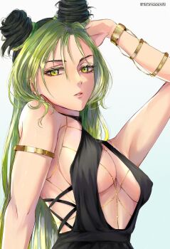 1girl arm_up armlet armpit_crease artist_name bare_shoulders black_dress black_hair bracelet braid breasts bun_with_braided_base chain cleavage commentary covered_erect_nipples double_bun dress english_commentary eyelashes eyeshadow gold_armlet gold_bracelet gold_chain gradient_background green_eyes green_hair hair_between_eyes hair_bun hashtag-only_commentary henoopd highres jewelry jojo_no_kimyou_na_bouken kuujou_jolyne lips long_hair looking_at_viewer makeup medium_breasts multicolored_hair parted_lips ribs solo stone_ocean two-tone_hair upper_body very_long_hair white_background
