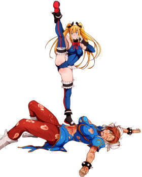 2girls artist_request ass breasts capcom catfight chun-li dead_or_alive defeat fighting_game highres marie_rose multiple_girls original punching ryona stomach_punch street_fighter tagme