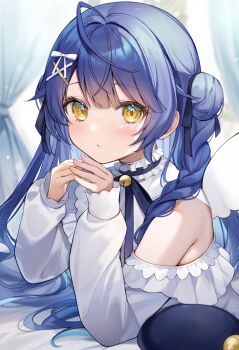 1girl ahoge alternate_costume alternate_hairstyle amamiya_kokoro aria_(ariacue) bare_shoulders bell black_ribbon blue_hair braid clothing_cutout commentary_request curtains double_bun frilled_shirt frilled_shirt_collar frills hair_bun hair_intakes hair_ornament hairclip highres indoors jingle_bell long_hair long_sleeves looking_at_viewer lying neck_bell neck_ribbon nijisanji on_stomach open_mouth parted_lips ribbon shirt shoulder_cutout side_braid side_up_bun sleeves_past_wrists solo twin_braids virtual_youtuber white_shirt white_wings wings x_hair_ornament yellow_eyes