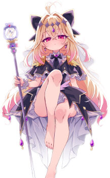 Rule 34 | 1girl, antenna hair, bare legs, black bow, black bowtie, black capelet, blonde hair, bow, bowtie, brooch, capelet, commentary request, cure arcana shadow, diamond hairband, dress, earrings, feet, foot out of frame, heart, heart brooch, heart ribbon, highres, holding, holding staff, jewelry, kolshica, layered skirt, medium hair, meitantei precure!, pink eyes, precure, skirt, staff, tear arcana rod, teardrop earrings, veil, white background, wrist cuffs