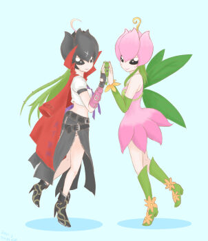 Rule 34 | 2girls, bancholilimon, digimon, digimon (creature), fairy, flower, highres, lilimon, monster girl, multiple girls, nail polish, petals, plant, plant girl