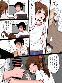 1boy 1girl black_hair blush bottomless brown_hair caught censored computer erection closed_eyes highres long_hair masturbation mimamori open_mouth original penis ponytail short_hair sitting sweat tissue_box translation_request walk-in