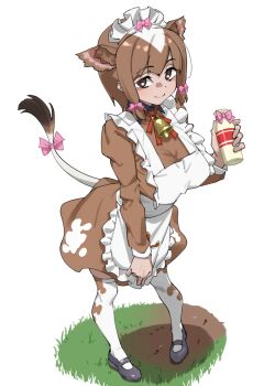 1girl animal_ear_fluff animal_ears animal_print apron bell bottle bow brown_eyes brown_hair commentary cow_ears cow_girl cow_print cow_print_thighhighs cow_tail extra_ears frilled_apron frills full_body grass guernsey_cattle_(kemono_friends) hair_bow highres holding holding_bottle kemono_friends long_sleeves looking_at_viewer maid maid_apron multicolored_hair neck_bell pink_bow print_thighhighs short_hair simple_background smile solo standing tail tail_bow tail_ornament tanabe_(fueisei) thighhighs two-tone_hair white_apron white_background white_hair