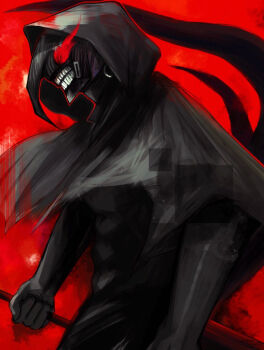 1other abs chainsaw_man cowboy_shot crossover from_side hood hood_up hooded_robe kagune_(tokyo_ghoul) misutajobujobu original red_background red_eyes robe solo teeth tentacles tokyo_ghoul