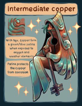 Rule 34 | 1girl, aqua skin, colored skin, copper (metal), english text, feefal, full body, green hair, highres, key, metal skin, monster girl, orange skin, original, personification, sitting, sparkle