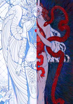 1other absurdres blood chinese_commentary closed_mouth colored_skin commentary_request completely_nude crrn feathered_wings grass guro head_wings highres intestines long_hair looking_at_viewer lying nude original rei_(crrn) snake solo white_hair white_skin wings wire