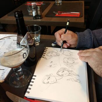1boy 1girl 1other beer_glass carrot_(pepper&amp;carrot) cat cup david_revoy drawing_(action) glass hair_behind_ear hands_on_own_face hat open_mouth parted_bangs parted_hair pencil pepper&amp;carrot pepper_(pepper&amp;carrot) sidelocks sketch source_request witch_hat