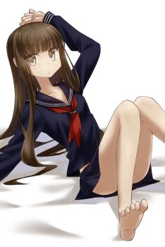 1girl barefoot black_shirt black_skirt breasts brown_eyes brown_hair fate/extra fate_(series) highres kishinami_hakuno_(female) long_hair long_sleeves looking_at_viewer neckerchief pleated_skirt red_neckerchief sailor_collar shirt sidelocks sitting skirt small_breasts solo thighs tsukumihara_academy_uniform_(fate/extra_ccc) yubeshi_(zecxl)