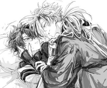 Rule 34 | 2boys, ahoge, bed sheet, blush, chaldea uniform, coat, fate/grand order, fate (series), fujimaru ritsuka (male), greyscale, hair over one eye, hand on another's cheek, hand on another's face, holding another's wrist, jacket, japanese clothes, kimono, long hair, long sleeves, looking at another, low ponytail, lying, male focus, monochrome, multicolored hair, multiple boys, off shoulder, on back, on bed, parted lips, pillow, ponytail, shirt, short hair, sketch, sleeves past wrists, smile, sweat, takasugi shinsaku (fate), trembling, turtleneck, tyoookozuki, white background, yaoi