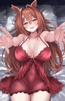 1girl :d animal_ears babydoll breasts brown_hair covered_navel cowboy_shot daiwa_scarlet_(umamusume) double-parted_bangs fang hair_between_eyes hair_intakes highres horse_ears horse_girl large_breasts long_hair lying on_back on_bed open_mouth outstretched_arms pillow reaching reaching_towards_viewer red_babydoll red_eyes sg_(esujii) skin_fang smile solo umamusume