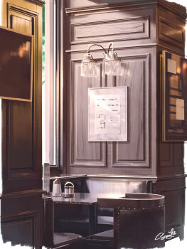 Rule 34 | absurdres, artist name, chair, commentary request, highres, indoors, original, restaurant, scenery, sign, signature, smile (qd4nsvik), still life, table, wall lamp