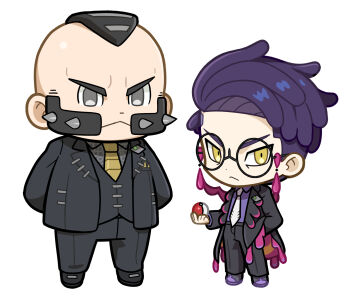 2boys arms_behind_back black-framed_eyewear black_coat black_hair black_jacket black_pants black_shoes black_vest closed_mouth coat collared_shirt corbeau_(pokemon) dot_nose facial_hair frown full_body hand_in_pocket highres jacket lapels layered_sleeves long_sleeves looking_to_the_side male_focus mohawk multiple_boys necktie nintendo open_clothes open_coat pants parted_hair philippe_(pokemon) pokemon pokemon_legends:_z-a purple_hair purple_shoes round_eyewear sach56000 shirt shirt_tucked_in shoes sideways_glance simple_background standing tassel two-sided_coat two-sided_fabric v-shaped_eyebrows vest white_background white_necktie wing_collar yellow_necktie