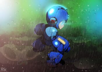 1boy android arm_cannon blue_eyes blue_helmet energy_cannon from_behind full_body glowing glowing_eyes helmet highres looking_at_viewer looking_back male_focus mega_man_(character) mega_man_(classic) mega_man_(series) r3dfive rain solo water_drop weapon