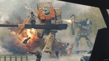 3others absurdres aiming arm_shield artist_name assault_visor backpack bag battle blue_visor car casing_ejection combat_helmet commentary earth_federation emblem english_commentary explosion firing ground_gm ground_gundam gun gundam gundam_08th_ms_team helmet highres holding holding_gun holding_weapon icemarv14 looking_ahead mecha mecha_focus military_uniform motor_vehicle multiple_others robot running science_fiction shell_casing shield soldier standing tree v-fin weapon