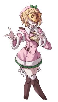 1girl absurdres arms_up blonde_hair boots bow brown_boots buttons ciconia_no_naku_koro_ni covered_eyes dress green_bow green_skirt hashtag-only_commentary hat hat_bow highres jestress knee_boots petra_(jgc845601) pink_dress pink_hat pleated_skirt simple_background skirt smile solo standing teeth upper_teeth_only white_background