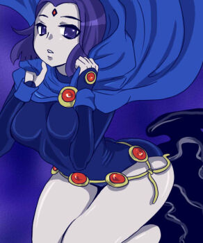 1girl bindi breasts cape cartoon_network colored_skin dc_comics female_focus gradient_background grey_skin leotard purple_eyes purple_hair raven_(dc) short_hair siroringo sitting solo teen_titans