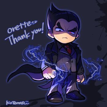 1boy angry arm_at_side black_coat black_hair black_shirt chibi chibi_only clenched_hand coat commentary_request commission commissioner_name electricity frown full_body grey_background grey_jacket grey_pants heterochromia jacket kotomaru_(kotokoto_kottan) looking_at_viewer male_focus mishima_kazuya necktie pants red_necktie shaded_face shirt short_hair signature skeb_commission solo standing tekken thick_eyebrows