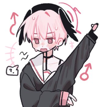 +++ 1boy ? @_@ black_hat blue_archive blush choker crossdressing crossdressing_(mtf) genderswap genderswap_(ftm) halo hat head_wings holding koharu_(blue_archive) long_sleeves male_focus mars_symbol nagakiras2 off_shoulder open_mouth pink_eyes pink_hair sailor_collar school_uniform serafuku simple_background solo spoken_question_mark sweat upper_body white_background wings