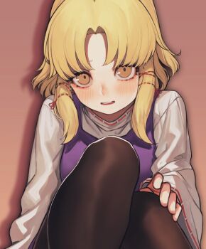 Rule 34 | 1girl, black pantyhose, blonde hair, blush, brown background, commentary request, feet out of frame, female focus, heoningu, highres, knees up, korean commentary, long sleeves, looking at viewer, moriya suwako, no headwear, open mouth, pantyhose, purple vest, ribbon-trimmed sleeves, ribbon trim, shadow, shirt, short hair, sidelocks, simple background, sitting, solo, touhou, vest, white shirt, wide sleeves, yellow eyes