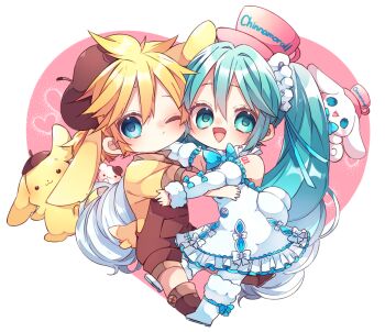 1boy 1girl :d bare_shoulders beret blonde_hair blue_bow blue_bowtie blue_eyes blue_hair blush boots bow bowtie brown_boots brown_hat brown_overalls character_name chibi chibi_only cinnamoroll closed_mouth commentary_request dress frilled_dress frills full_body fur-trimmed_boots fur_trim hat hatsune_miku heart heart_background kagamine_len kaho_0102 long_hair long_sleeves looking_at_viewer number_tattoo one_eye_closed open_mouth overall_shorts overalls pantyhose pink_hat pompompurin sanrio shirt short_hair short_sleeves shoulder_tattoo sleeveless sleeveless_dress smile standing tattoo twintails vocaloid white_boots white_dress white_pantyhose white_sleeves yellow_shirt