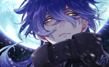 1boy anne_(anne_0417) blue_hair closed_mouth commentary_request crossed_bangs double-parted_bangs flins_(genshin_impact) full_moon genshin_impact gradient_hair high_collar highres long_hair looking_at_viewer male_focus moon multicolored_hair night night_sky outdoors sky snow solo watermark yellow_eyes