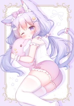 1girl animal_ear_fluff animal_ears ass blush border bow cat_ears cat_girl cat_tail commentary_request double-parted_bangs drop_shadow feet_out_of_frame frilled_shorts frills hair_bow hair_ornament hairband hanasakichu highres long_hair low_twintails lying on_side one_eye_closed open_mouth original outside_border pink_shorts purple_border purple_bow purple_eyes purple_hair shirt shorts simple_background sleeveless sleeveless_shirt solo star_(symbol) star_hair_ornament tail tail_bow tail_ornament thighhighs twintails twitter_username white_background white_hairband white_shirt white_thighhighs wrist_cuffs x_hair_ornament yume_kawaii