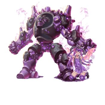 Rule 34 | 1girl, 1other, abyss (crystal maidens), amethyst (crystal maidens), artist request, bad source, bare shoulders, crystal maiden (series), demon wings, detached sleeves, flat chest, frills, full body, game cg, golem, highres, kneeling, official art, pink eyes, purple hair, purple lips, solo, transparent background, twintails, variant set, wings