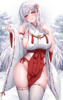 1girl blurry blurry_background breasts commentary_request detached_sleeves grey_hair hands_up highres large_breasts long_hair long_sleeves looking_at_viewer no_shoes nontraditional_miko original outdoors oyuwari parted_lips red_eyes sideboob smile standing thighhighs very_long_hair white_thighhighs wide_sleeves
