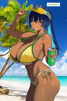 1girl ass beach bikini brazilian_miku brazilian_miku_(cosplay) cosplay hatsune_miku highres hololive hololive_english looking_at_viewer ouro_kronii swimsuit tan tanline virtual_youtuber