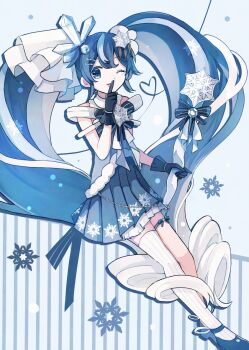 1girl aqua_hair blue_dress blue_eyes blue_gloves blue_hair blue_skirt dress gloves hair_between_eyes hair_ornament hatsune_miku highres holding holding_wand index_finger_raised long_hair looking_at_viewer official_alternate_costume official_alternate_hairstyle one_eye_closed open_mouth pleated_skirt single_thighhigh skirt smile snowflake_hair_ornament snowflake_ornament snowflake_print solo striped_clothes striped_thighhighs thighhighs twintails very_long_hair vocaloid wakolenrin wand white_hair white_thighhighs yuki_miku yuki_miku_(2025)