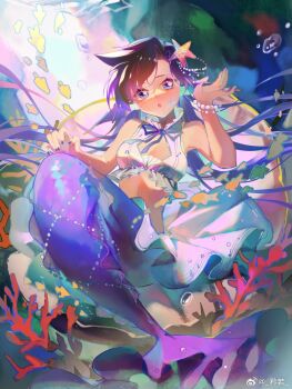 1girl air_bubble arm_up blue_eyes blue_ribbon bracelet breasts brown_hair bubble chinese_commentary commentary_request coral crop_top fins fish hair_ornament head_fins highres jewelry looking_at_viewer medium_breasts meitantei_conan mermaid monster_girl mouri_ran nail_polish open_mouth pearl_bracelet purple_tail ribbon short_hair shou_ru sitting skirt solo starfish starfish_hair_ornament string_of_pearls tail tail_ornament tail_ring underwater white_skirt