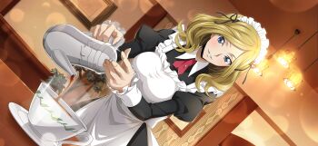 1girl apron artist_request black_dress blonde_hair blue_eyes blurry blush bokeh breasts code_geass code_geass:_lost_stories collared_dress cup depth_of_field dress dutch_angle female_focus frilled_apron frills game_cg glint hands_up happy highres holding holding_teapot indoors juliet_sleeves long_sleeves looking_at_viewer maid maid_apron maid_headdress medium_breasts medium_hair milly_ashford neck_ribbon non-web_source official_art parted_bangs parted_lips picture_frame pouring puffy_sleeves red_ribbon ribbon sidelocks smile solo standing steam tea teacup teapot teeth upper_body white_apron