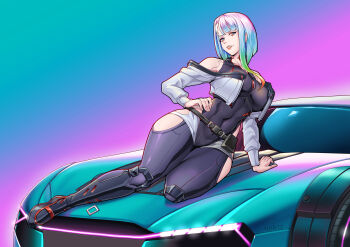 Rule 34 | 1girl, absurdres, asymmetrical hair, belt, black leotard, blue eyes, boots, breasts, car, clothing cutout, commentary, covered navel, cropped jacket, cyberpunk, cyberpunk: edgerunners, cyberpunk (series), cyborg, eyeliner, full body, hand on own hip, highres, hip vent, impossible clothes, knee boots, large breasts, leotard, linea alba, lucy (cyberpunk), makeup, motor vehicle, multicolored hair, off-shoulder jacket, off shoulder, on car, rainbow hair, red eyeliner, skin tight, solo, thick thighs, thighs, tre artz, vaporwave, wide hips