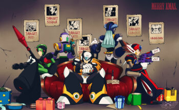 5boys axl_(mega_man) bad_id bad_pixiv_id black_zero_(mega_man) blonde_hair blue_eyes blue_hair bullet cannon capcom christmas couch crossed_legs double_(mega_man) dr._wily_(mega_man) dual_wielding dynamite dynamo_(mega_man) explosive forehead_jewel gate_(mega_man) gatling_gun gem gift green_eyes grenade gun handgun high-explosive_anti-tank_(warhead) highres holding ix_(mega_man) knife long_hair lumine_(mega_man) man-portable_anti-tank_systems mega_man_(series) mega_man_x1 mega_man_x2 mega_man_x3 mega_man_x4 mega_man_x5 mega_man_x6 mega_man_x7 mega_man_x8 mega_man_x:_command_mission mega_man_x_(series) multiple_boys poster_(object) red_(mega_man_x) red_alert_(mega_man) red_hair rocket-propelled_grenade rocket_(projectile) rocket_launcher rpg rpg-7 rpg_(weapon) sigma_(mega_man) sitting spider_(mega_man) vile_(mega_man) wanted_poster watermark weapon zero_(mega_man)