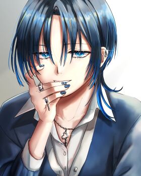 Rule 34 | 1girl, blue eyes, blue hair, blue jacket, blue nails, commentary request, earclip, highres, hinata habi, hiodoshi ao, hololive, hololive dev is, jacket, jewelry, looking at viewer, medium hair, necklace, shirt, solo, virtual youtuber, white shirt, wolf cut