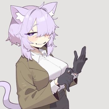 1girl adjusting_clothes adjusting_gloves ahoge alternate_costume animal_ear_fluff animal_ears black_gloves black_pants blush breasts brown_jacket cat_ears cat_girl cat_tail coat cocomayo29_(tomato) collared_shirt commentary from_side gloves grey_background hair_between_eyes hair_over_eyes half-closed_eyes highres hololive jacket large_breasts long_sleeves looking_at_viewer nekomata_okayu open_mouth pants purple_eyes purple_hair purple_tail shirt short_hair sidelocks simple_background smile solo standing tail trench_coat upper_body virtual_youtuber white_shirt