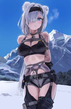 1girl a_tea animal_ears arknights arms_behind_back aurora_(arknights) bare_shoulders bdsm belt blue_eyes bondage bound breasts collarbone crop_top crotch_rope grey_hair grey_panties hair_over_one_eye highres large_breasts long_hair looking_at_viewer mountain outdoors panties shibari shibari_over_clothes skindentation snow solo standing stomach thigh_gap thigh_strap underwear very_long_hair winter