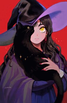 1girl animal artist_name black_cat black_hat blue_dress cape cat commentary dress earrings fingernails hat highres holding holding_animal holding_cat jewelry long_fingernails long_hair long_sleeves looking_at_viewer one_eye_covered original oyama_(oyama_008) purple_hat red_background red_nails simple_background sleeve_cuffs solo sparkle symbol-only_commentary two-sided_fabric two-sided_headwear upper_body witch_hat