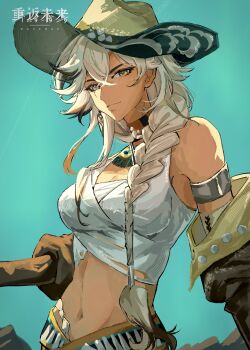 Rule 34 | 1girl, absurdres, aqua background, argus (reverse:1999), armlet, bare shoulders, blonde hair, breasts, brown hat, brown sleeves, chinese commentary, cleavage, commentary request, copyright name, cowboy hat, detached sleeves, grey eyes, hat, heterochromia, highres, jewelry, jingshen kongji, large breasts, logo, long braid, looking at viewer, midriff, navel, reverse:1999, scar, scar across eye, scar on face, solo, tank top, upper body, white tank top, yellow eyes