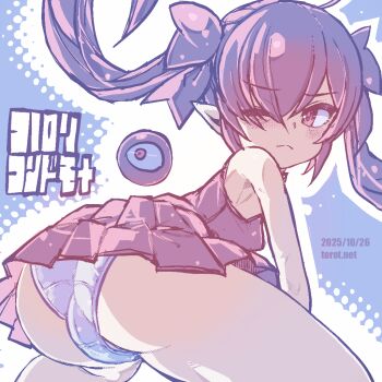 1girl ahoge ass backbeako_(torotei) backbeard bare_shoulders black_dress black_hair black_ribbon blue_background blush breasts cameltoe closed_mouth commentary dated dated_commentary dress elbow_gloves from_behind gegege_no_kitarou gloves hair_over_one_eye hair_ribbon kono_lolicon_domome light_frown long_hair looking_at_viewer looking_back one_eye_closed original paid_reward_available panties pointy_ears red_eyes ribbon simple_background sleeveless small_breasts solo thighs torotei translated twintails underwear watermark web_address white_panties