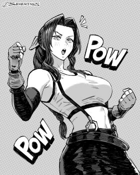 1girl aerith_gainsborough bare_shoulders belt black_bra black_skirt blush bra braid braided_ponytail breasts clenched_hands cosplay crop_top elbow_gloves final_fantasy final_fantasy_vii final_fantasy_vii_remake fingerless_gloves furrowed_brow gloves greyscale hair_ribbon highres large_breasts long_hair midriff miniskirt monochrome open_mouth parted_bangs ribbon seveninks shirt sidelocks single_braid skirt sleeveless sleeveless_shirt sports_bra suspenders tifa_lockhart tifa_lockhart_(cosplay) twitter_username underwear white_shirt