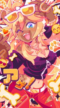 1girl animal_ears black_jacket blonde_hair blue_eyes bone breasts buchiage_hannah cleavage commission eyewear_on_head fangs furry furry_female gold_necklace gyaru highres hyena_girl indie_virtual_youtuber jacket jewelry large_breasts long_hair looking_at_viewer midriff navel necklace one_eye_closed onee_gyaru open_mouth pants red_pants smile sowao. standing sunglasses translation_request very_long_hair virtual_youtuber zipper