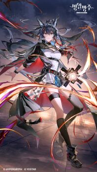 1girl absurdres animal_ears arknights asymmetrical_clothes asymmetrical_gloves asymmetrical_legwear black_gloves black_hair blaze_(arknights) blaze_the_igniting_spark_(arknights) blue_eyes breasts cat_ears cat_girl cat_tail company_name copyright_name elbow_gloves gloves highres infection_monitor_(arknights) kneehighs long_hair looking_at_viewer ponytail ryat shirt shorts single_elbow_glove single_kneehigh single_sleeve single_sock single_thighhigh socks solo staff tail thigh_strap thighhighs white_shirt