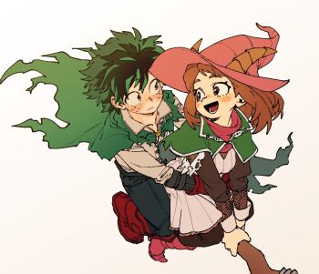 1boy 1girl alternate_universe arms_around_another's_waist artist_request blush blush_stickers boku_no_hero_academia boots brown_eyes brown_hair cape couple fantasy freckles gloves green_cape green_eyes green_hair hat hetero looking_at_another looking_back matching_hair/eyes midoriya_izuku pink_boots pink_hat pink_scarf red_boots red_gloves scarf sidelocks simple_background uraraka_ochako white_background witch_broom witch_hat