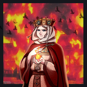 1girl absurdres bird blue_eyes brooch burning cape cross crown destruction dress embroidery fiery_background fire gold_embroidery highres hood jewelry kievan_rus korzynka_persykiv kyivan_rus layered_clothes long_sleeves medieval olga_of_kyiv original ornate pearl_drapes pyrokinesis queen red_cape robe royal_robe serious veil white_veil