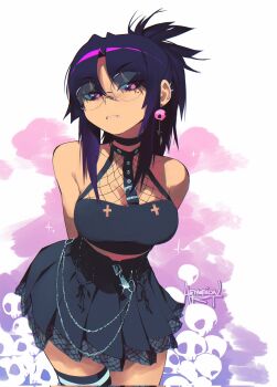 1girl aetherion arms_behind_back bare_shoulders breasts bridgette_galahad closed_mouth commentary cross cross_earrings ear_piercing earrings english_commentary face_piercing fishnet_top fishnets frown goth_fashion highres inverted_cross inverted_cross_earrings jewelry large_breasts leaning_forward lip_piercing miniskirt original piercing pink_pupils pleated_skirt purple_hair round_eyewear second-party_source single_thighhigh skirt solo thighhighs wallet_chain