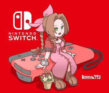 1girl aerith_gainsborough artist_name bangle boots bracelet braid braided_ponytail breasts brown_boots brown_hair center_opening chibi chibi_only choker cleavage controller cropped_jacket dress final_fantasy final_fantasy_vii flower flower_basket game_controller green_eyes hair_bobbles hair_ornament hair_ribbon highres jacket jewelry joy-con lesuna lily_(flower) long_dress long_hair materia medium_breasts nintendo_switch open_mouth parted_bangs pink_dress pink_ribbon red_background red_flower red_jacket ribbon ribbon_choker short_sleeves sidelocks single_braid sitting smile solo white_flower